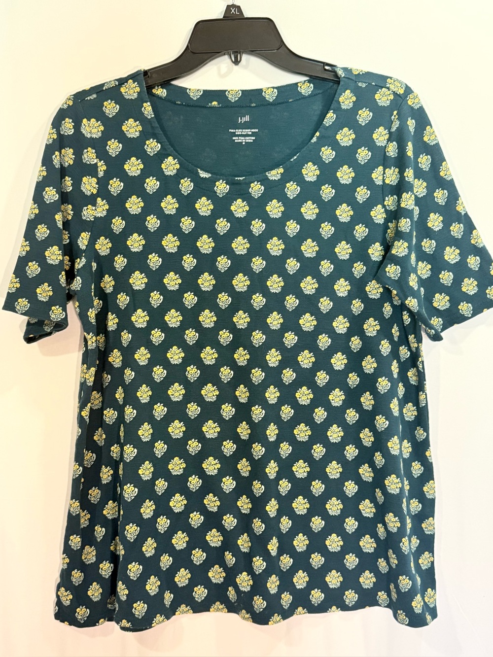J. Jill Teal Short-Sleeve Tee with Yellow Floral Print